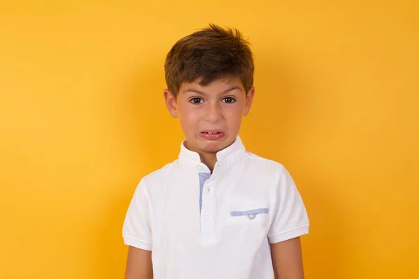 Cute Boy Crying Yellow Wall — Stock Photo, Image