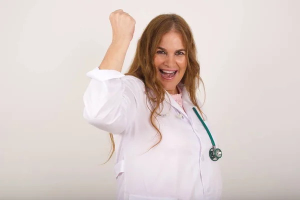 Overjoyed Happy Mature Caucasian Doctor Woman Wearing Medical Uniform Glad — Stock Photo, Image
