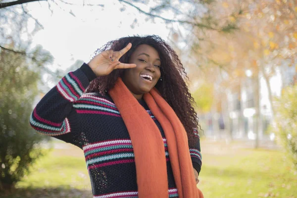 Mooie Afro Amerikaanse Vrouw Met Lang Haar Dragen Kleurrijke Trui — Stockfoto