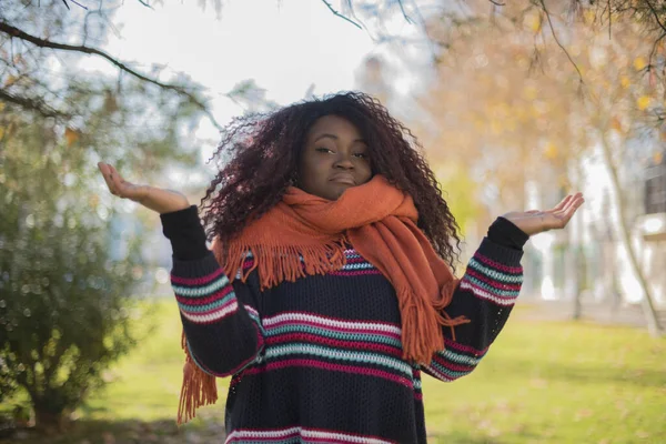 Jong Mooi Afro Amerikaans Vrouw Met Lang Krullend Haar Dragen — Stockfoto