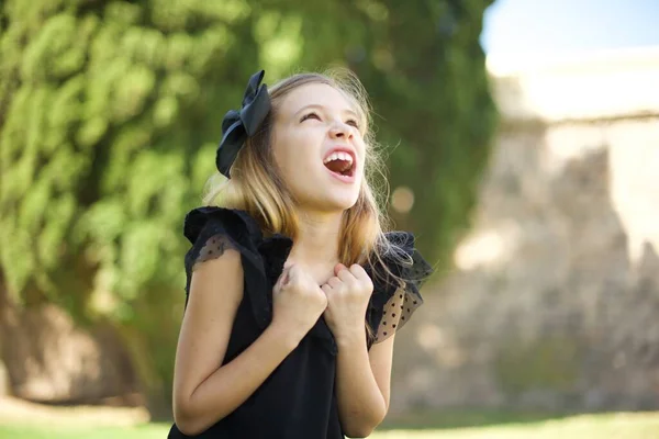 Girl Excited Glad Achieve Victory Clenches Hands Screams Excitement Closed — Stock Photo, Image