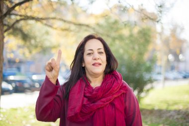 Güzel orta yaşlı Arap kadın parkı işaret ediyor.  