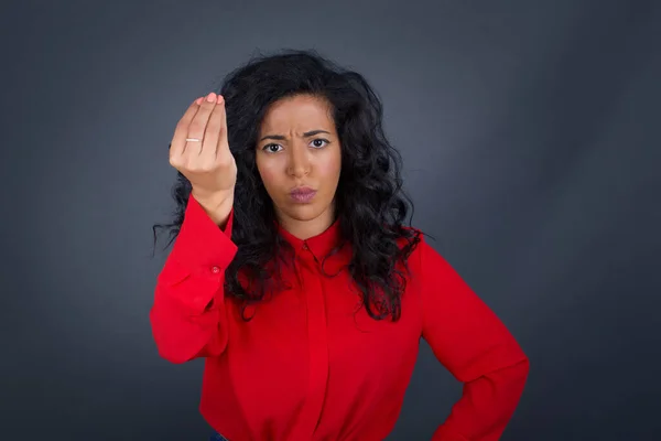 Shot Frustrated Young Brunette Woman Curly Hair Wearing Red Shirt — Zdjęcie stockowe