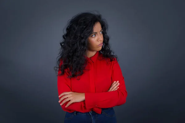 Closeup Portrait Displeased Pissed Angry Grumpy Pessimistic Brunette Woman Curly — Stockfoto