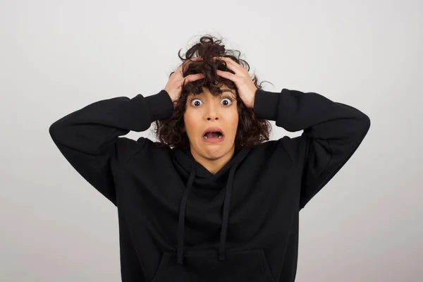 Horrível Stress Choque Retrato Jovem Mulher Louca Emocional Que Aperta — Fotografia de Stock