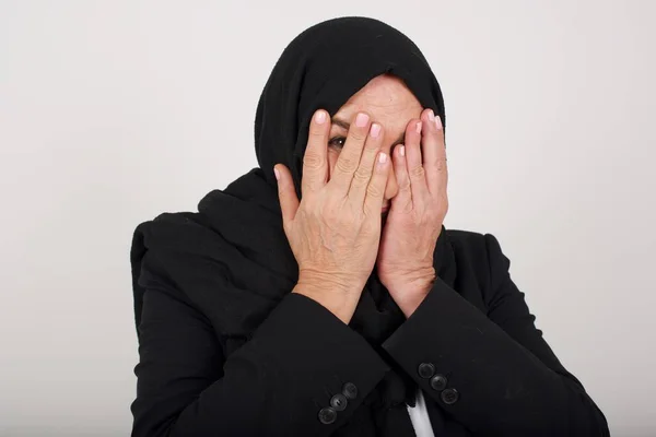 Anxiety Conceptual Image Beautiful Young Muslim Woman Black Hijab Covering — Stock Photo, Image