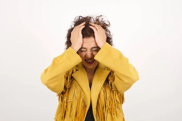 Exasperate Woman Keeps Hands Temples Feels Strong Headache Closes Eyes — Stock Photo, Image