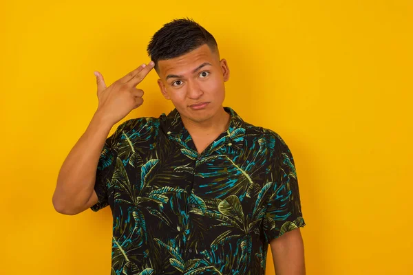 Unhappy Hispanic Young Male Imitates Gun Shoot Makes Suicide Gesture — Stock Photo, Image