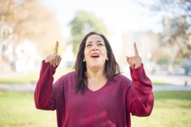 Güzel orta yaşlı Arap kadın parkı işaret ediyor.  