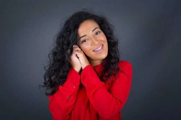 Dreamy Young Brunette Woman Curly Hair Wearing Red Shirt Pleasant — Stock Photo, Image