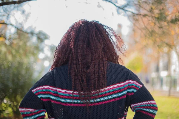 Hermosa Mujer Afroamericana Con Pelo Largo Usando Suéter Colores Parque —  Fotos de Stock