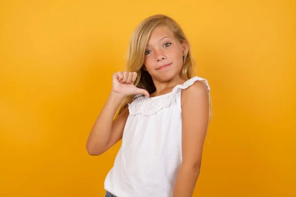 Cute Girl Pointing Herself Yellow Background — Stock Photo, Image