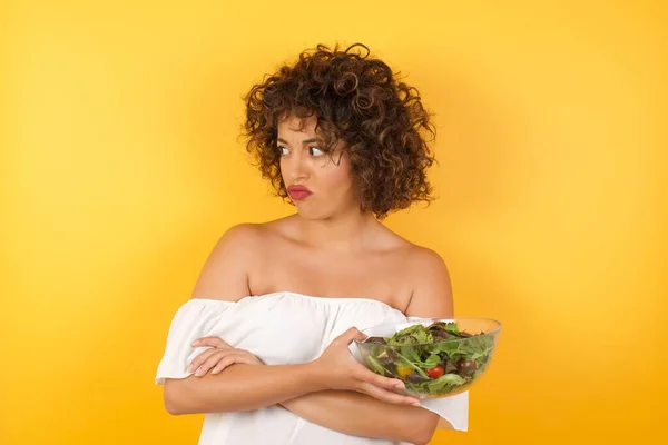 Closeup Portrait Displeased Pissed Angry Grumpy Pessimistic Woman Holding Salad — стоковое фото