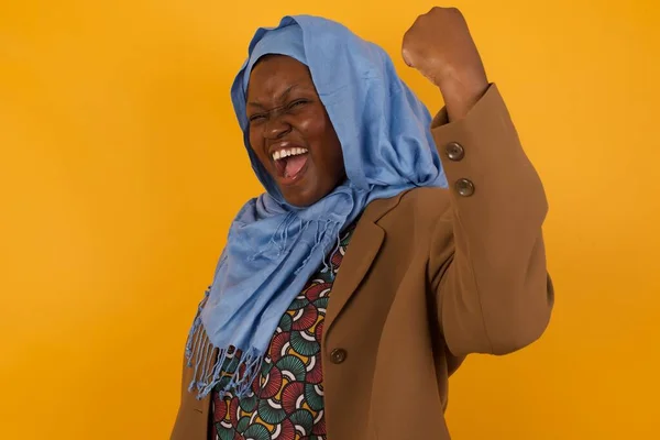 Overjoyed Happy Excited African American Muslim Woman Glad Receive Good — Stock Photo, Image