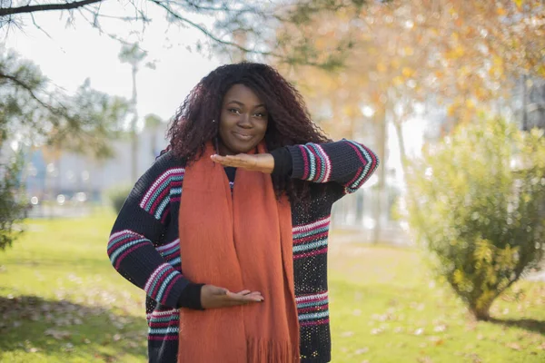 Mooie Afro Amerikaanse Vrouw Met Lang Haar Dragen Kleurrijke Trui — Stockfoto