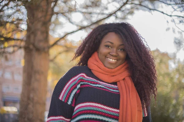 秋の公園でカメラを見ているカラフルなセーターを身に着けている長い髪の美しいアフリカ系アメリカ人女性 — ストック写真