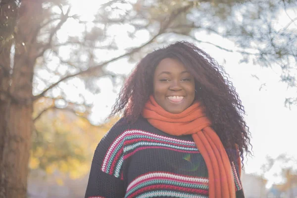 Uzun Saçlı Renkli Kazak Giyen Güzel Afro Amerikan Kadın Sonbahar — Stok fotoğraf