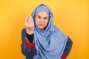 What the hell are you talking about. Shot of frustrated middle aged muslim woman in hijab gesturing with raised hand doing Italian gesture, frowning, being displeased and confused with dumb question.