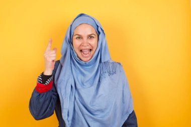 Orta yaşlı, hoş görünümlü, tesettürlü Müslüman bir kadının yakın portresi zekice bir ifadeye sahiptir, bir parmağını kaldırır, önemli bir şeyi söylemeyi unutmaması gerektiğini hatırlar. Kapalı