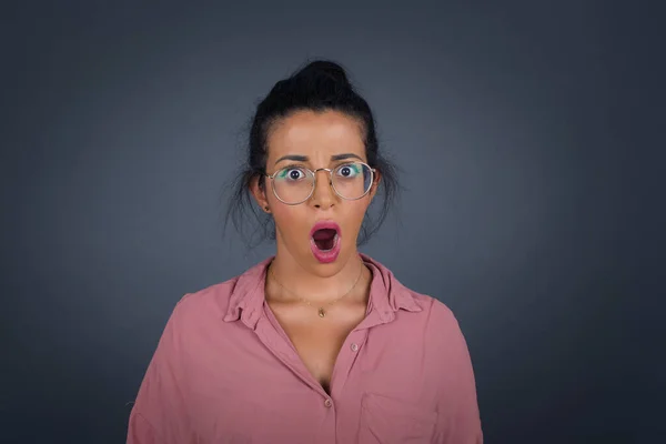 Shocked Stupefied Female Glasses Keeps Jaw Dropped Feels Stunned What — Stock Photo, Image