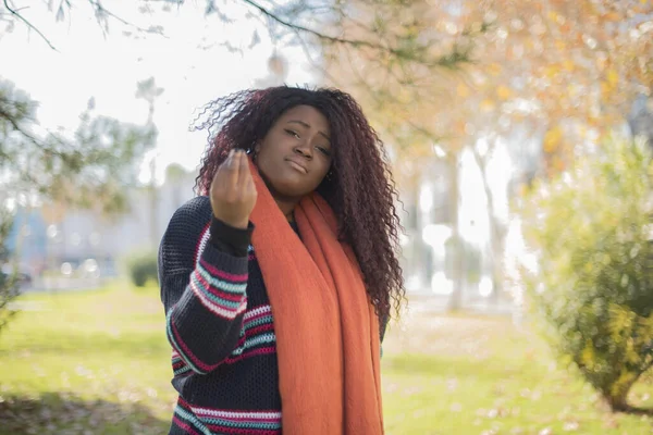 Piękna Afroamerykanka Długimi Włosami Ubrana Kolorowy Sweter Gestykulujący Jesiennym Parku — Zdjęcie stockowe