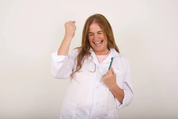 Beautiful Doctor Woman Happy Excited Expressing Winning Gesture Successful Celebrating — Stock Photo, Image