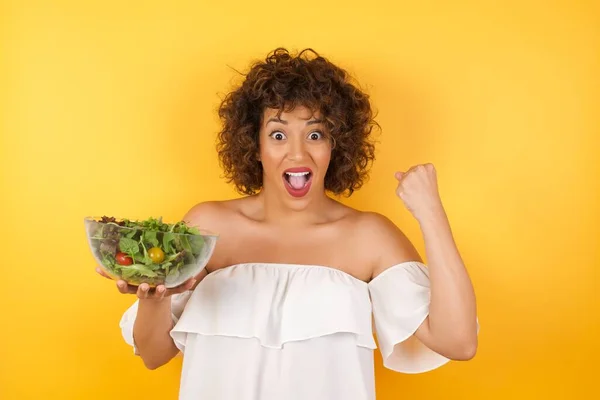 Waist Portrait Strong Successful Determined Young Female Winner Holding Salad — Stock Photo, Image