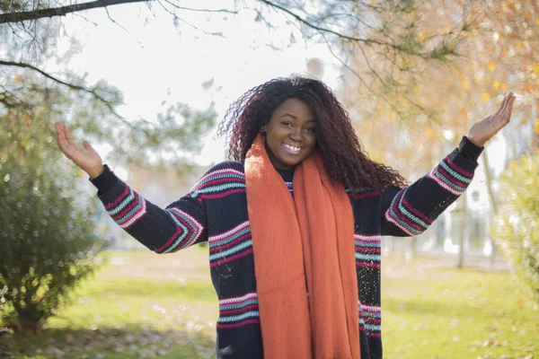 Hermosa Mujer Afroamericana Con Pelo Largo Usando Suéter Colorido Feliz —  Fotos de Stock