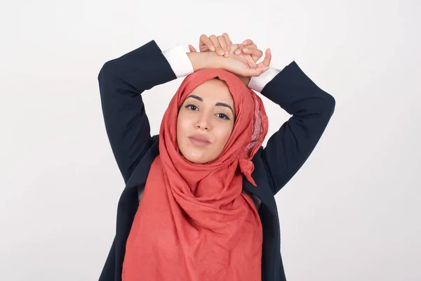 Portrait Beautiful Muslim Woman Wears Black Blazer Hijab Looks Excitement — Stock Photo, Image