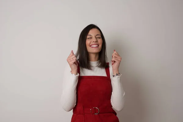 Caucasian Brunette Woman Rejoicing Her Success Victory Clenching Her Fists — Stock Photo, Image