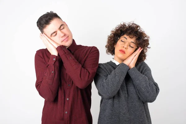 Relax Sleep Time Tired Young Couple Closed Eyes Leaning Palms — Stock Photo, Image