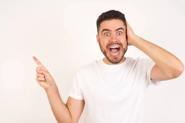 Portrait Young Caucasian Man Wearing White Shirt Shocked Facial Expression — Stock Photo, Image
