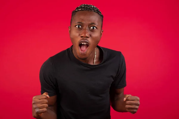 Portrait African American Man Wearing Black Shirt Red Background Looks — Stock Photo, Image