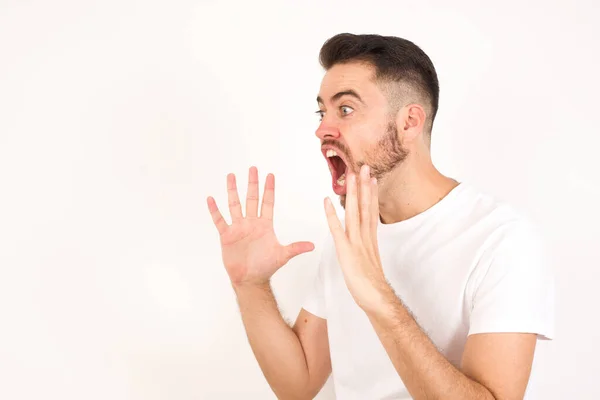 Portrait Young Caucasian Man Wearing White Shirt Shocked Facial Expression — Stock Photo, Image