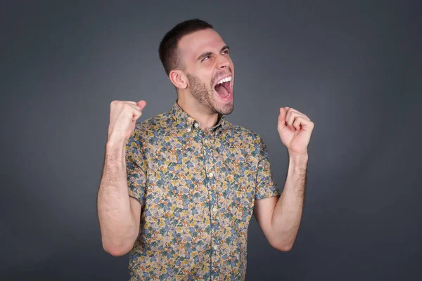 Caucasian Man Rejoicing His Success Victory Clenching His Fists Joy — Stock Photo, Image