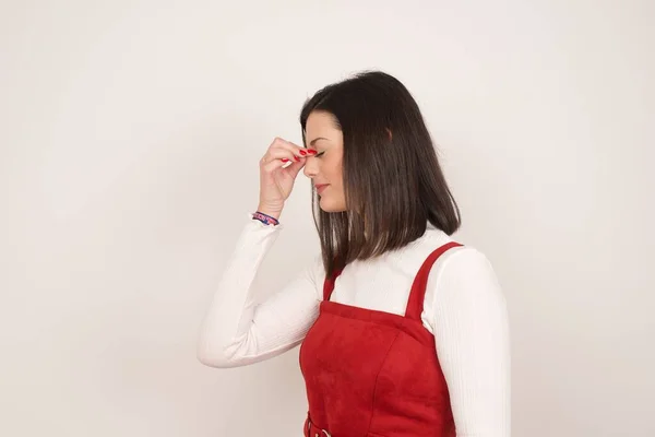 Very Upset Charming Nice Woman Touching Nose Closed Eyes Want — Stock Photo, Image