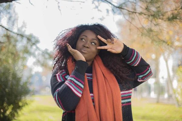 Joven Hermosa Mujer Afroamericana Con Pelo Largo Rizado Usando Suéter — Foto de Stock