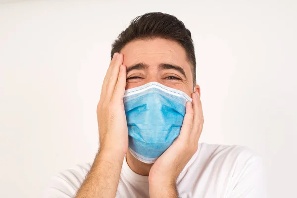 Young Gloomy Caucasian Man Wearing Medical Mask Hiding His Face — Stock Photo, Image