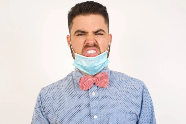 Body Language Disgusted Stressed Out Pretty Man Wearing Medical Mask — Stock Photo, Image