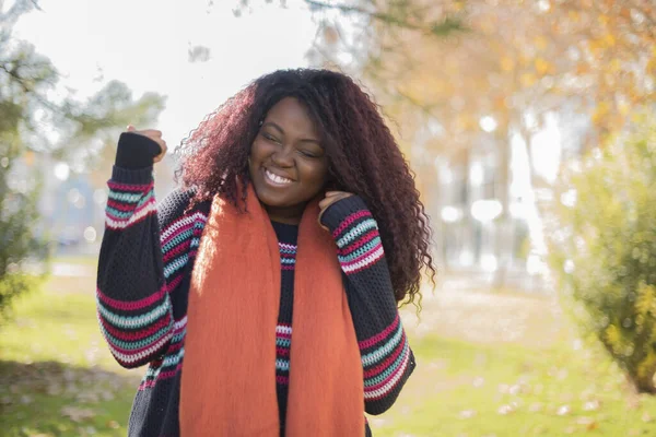 Hermosa Mujer Afroamericana Feliz Con Pelo Largo Usando Suéter Colorido —  Fotos de Stock