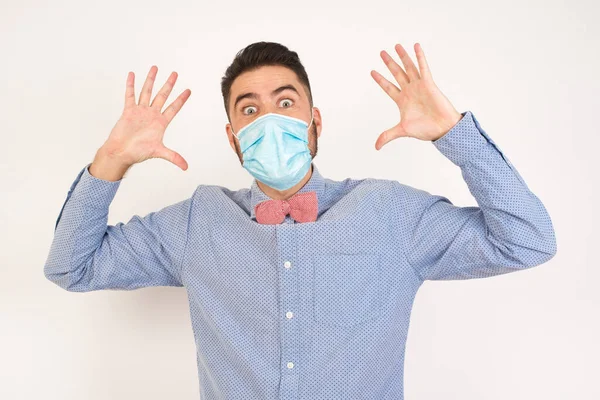 Portrait Handsome Man Wearing Medical Mask Looks Excitement Camera Keeps — Stock Photo, Image