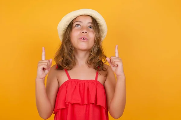 Cute Little Girl Wearing Red Dress Pointing Yellow Background — Stock Photo, Image