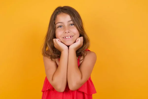 Cute Little Girl Wearing Red Dress Smiling Yellow Background — Stock Photo, Image