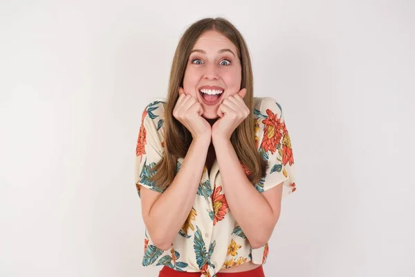 Studio Shot Happy Lovely Woman Keep Hands Together Chin Being — Photo