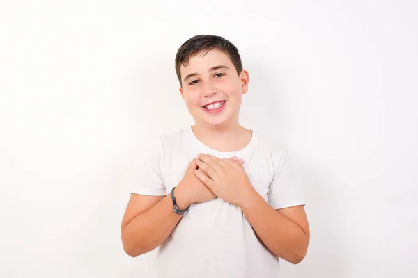 Faithful Boy Closes Eyes Keeps Hands Chest Heart Shows His — Stock Photo, Image