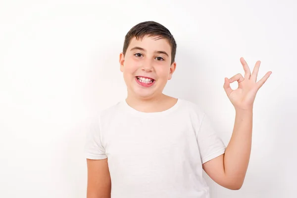 Glad Attractive Boy Shows Sign Hand Expresses Approval Has Cheerful — Stock Photo, Image