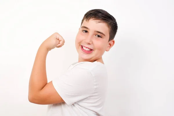 Portrait Handsome Caucasian Boy Isolated White Background Showing Muscles Workout — Stock Photo, Image