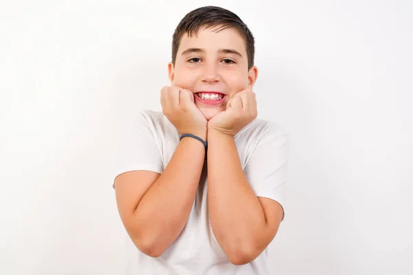 Dreamy Caucasian Boy Keeps Hands Pressed Together Chin Looks Happy — Stock Photo, Image