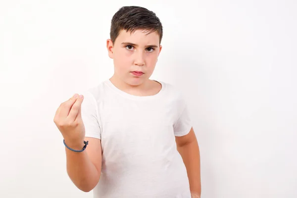 Shot Frustrated Young Boy Gesturing Raised Hand Doing Italian Gesture — Fotografia de Stock