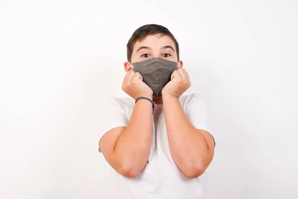 Portrait Young Cute Boy Wearing Medical Mask Being Overwhelmed Emotions — Stock Photo, Image